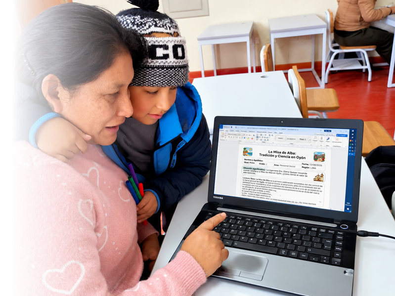 Docente y estudiante usando AMELIA en una laptop